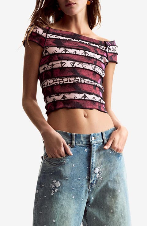 Paneled Off the Shoulder Stretch Cotton Crop Top