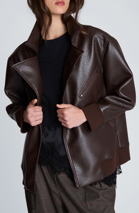Oversized Raw Edge Faux Leather Moto Jacket