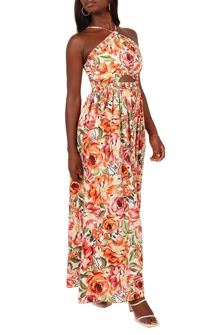 Madeira Cutout Halter Neck Maxi Sundress, Alternate, color, ORANGE FLORAL