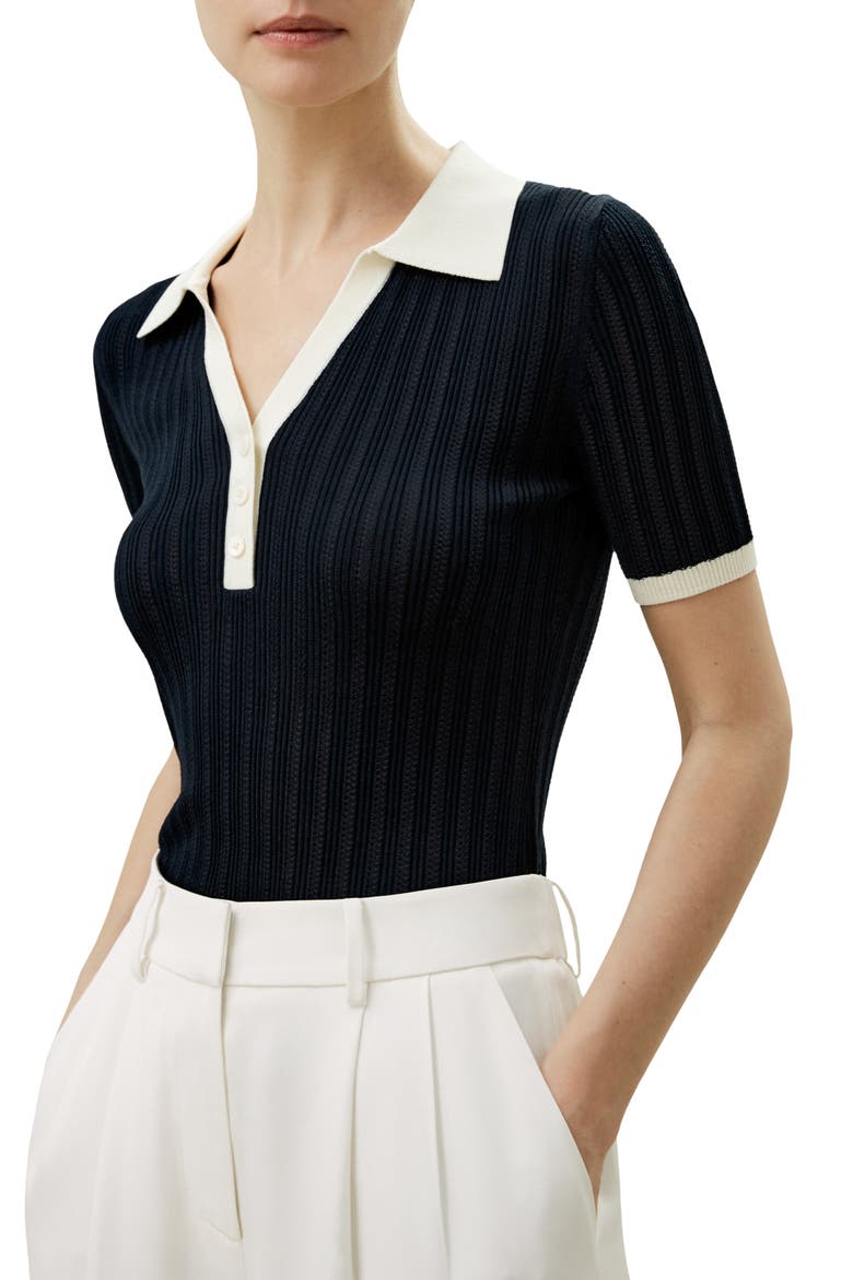 Women's V Neck Ribbed Silk Knit Top, Main, color, Navy Blue