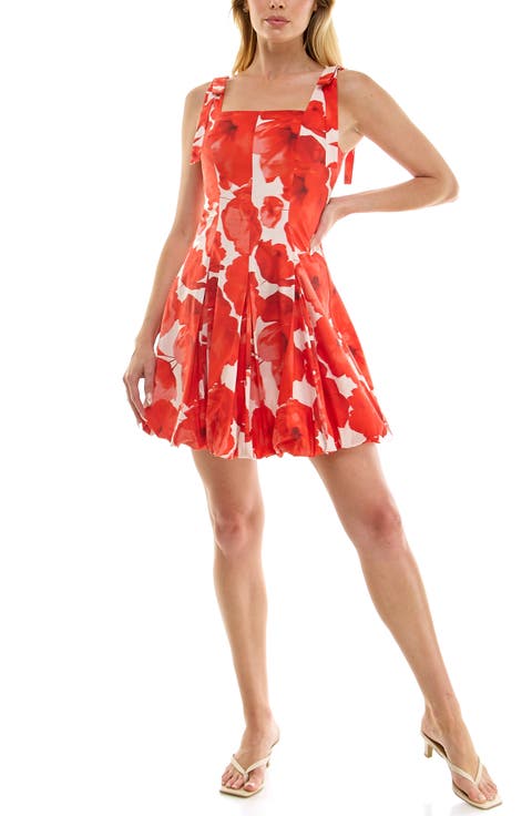 Floral Tie Strap Bubble Hem Stretch Cotton Minidress