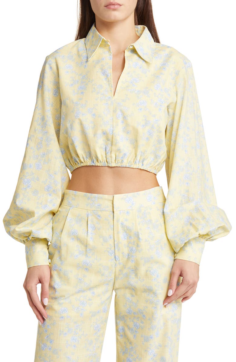 YELLOW THE LABEL June Floral Print Bishop Sleeve Linen Crop Shirt, Main, color, 