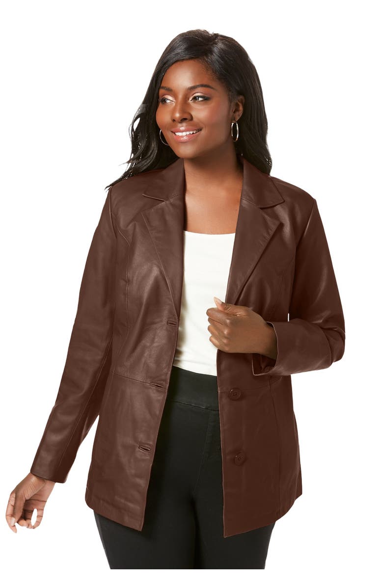 Jessica London Leather Blazer, Main, color, Rich Brown