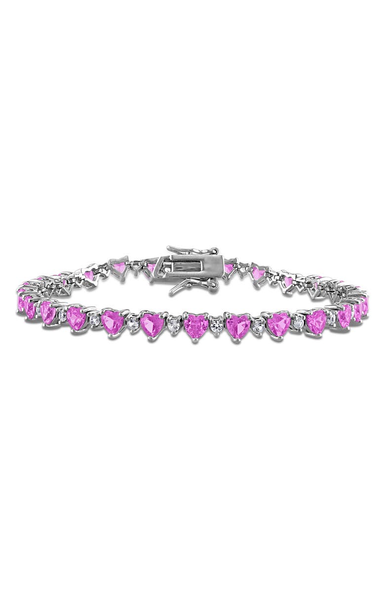 DELMAR Heart Cut Lab Created Pink Sapphire & White Sapphire Tennis Bracelet, Main, color, Pink