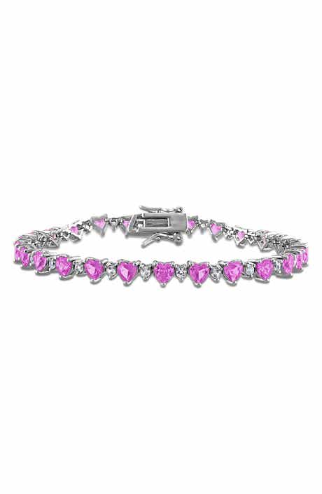 DELMAR Heart Cut Lab Created Pink Sapphire & White Sapphire Tennis Bracelet