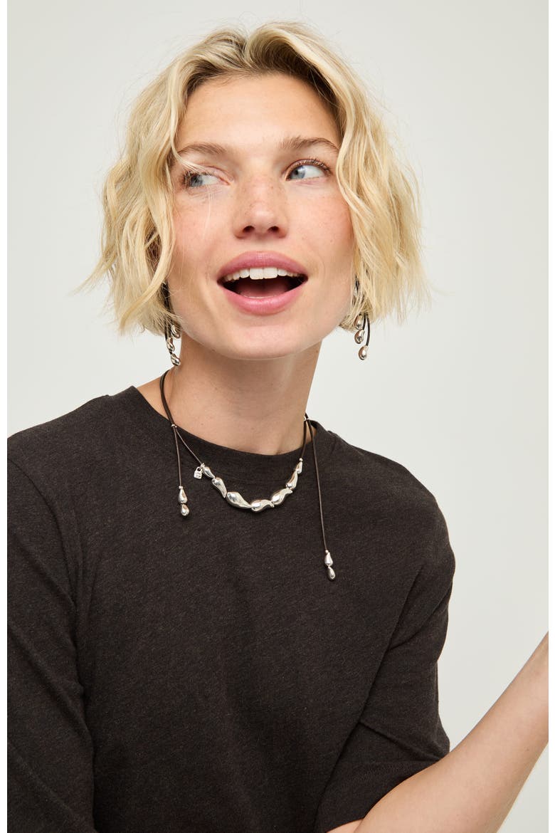 Leather Necklace with Silver-Tone Drop Details, Alternate, color, Silver