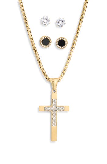 American Exchange Crystal Cross Necklace & Stud Earrings Set In Gold