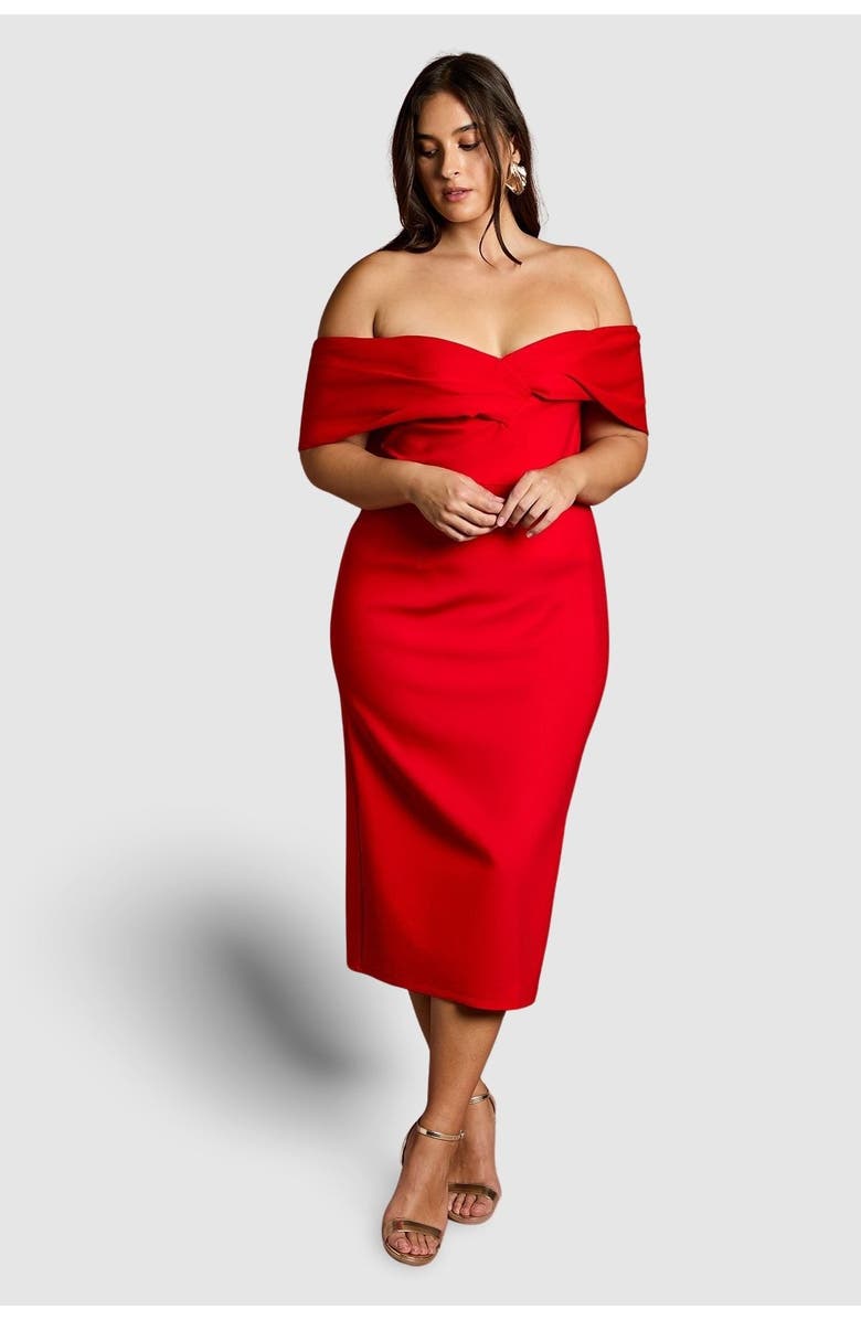 Coast Plus Bardot Ponte Midi Dress, Main, color, Red