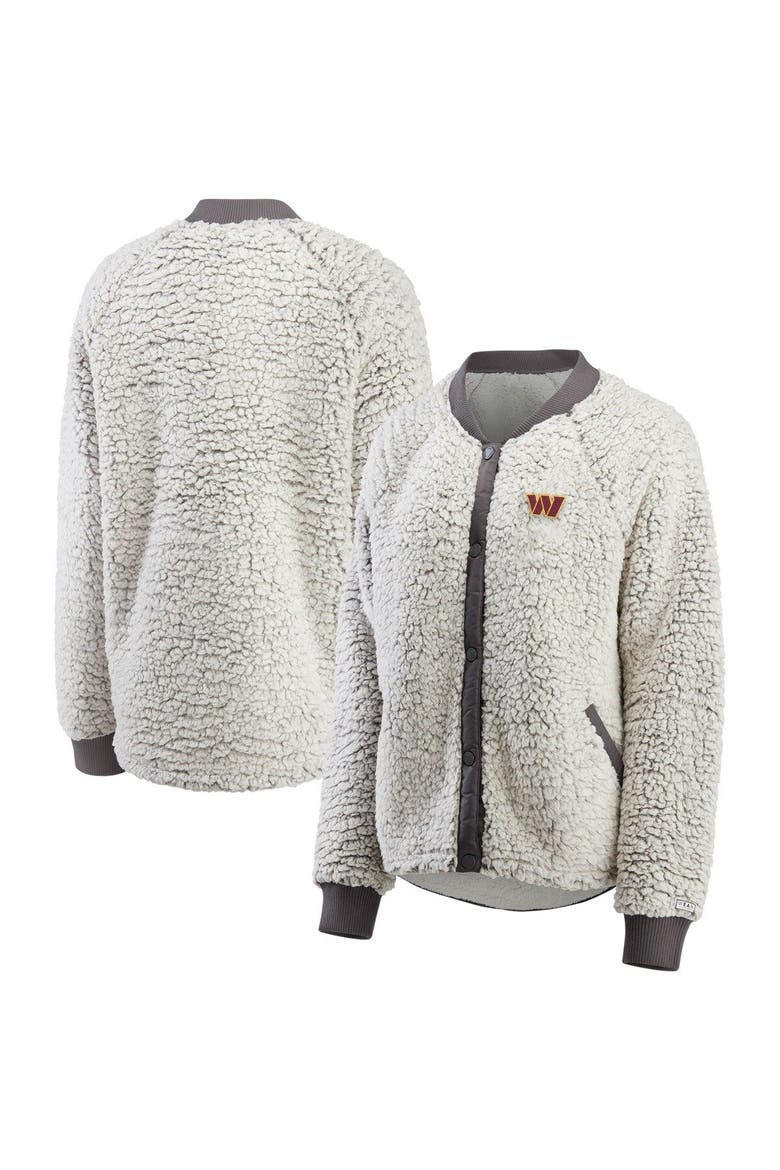 Women's WEAR by Erin Andrews Charcoal Washington Commanders Sherpa Raglan Full-Snap Jacket, Main, color, Charcoal
