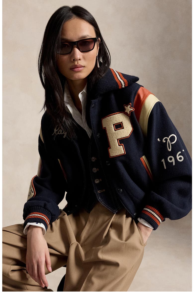 Wool Blend Varsity Jacket, Alternate, color, HUNTER NAVY