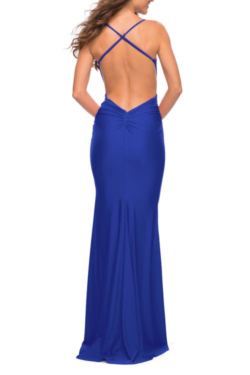 LA FEMME LA FEMME PROM DRESS WITH KNOT AT WAIST AND OPEN BACK
