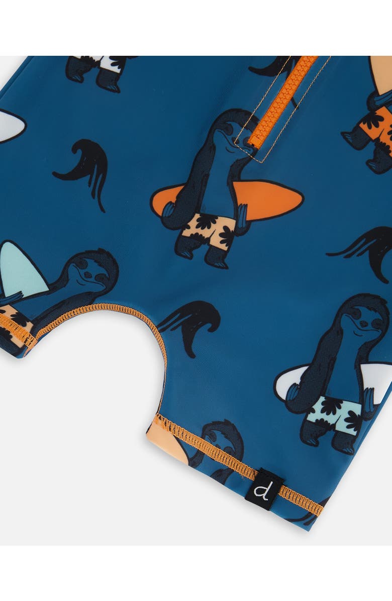 Deux par Deux Baby Boy's Printed Long Sleeve One-Piece Rashguard Orange Sloths On Navy Blue, Alternate, color, 