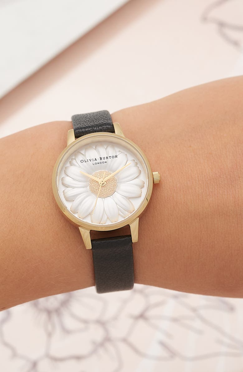 Olivia Burton 3D Daisy Leather Strap Watch, 30mm, Alternate, color,