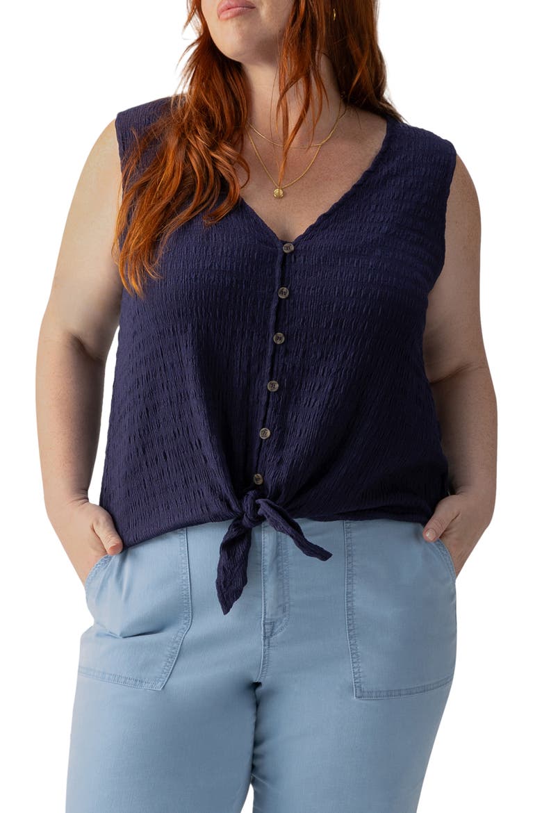 Link Up Crinkle Stripe Tie Hem Sleeveless Top, Main, color, DEEP SEA