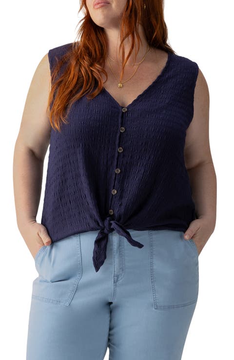 Link Up Crinkle Stripe Tie Hem Sleeveless Top (Plus Size)