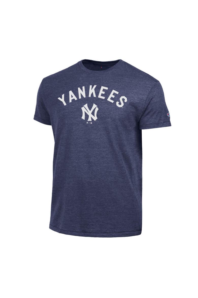 Men's Champion  Navy New York Yankees Cooperstown Wordmark Lockup Tri-Blend T-Shirt, Alternate, color, Navy