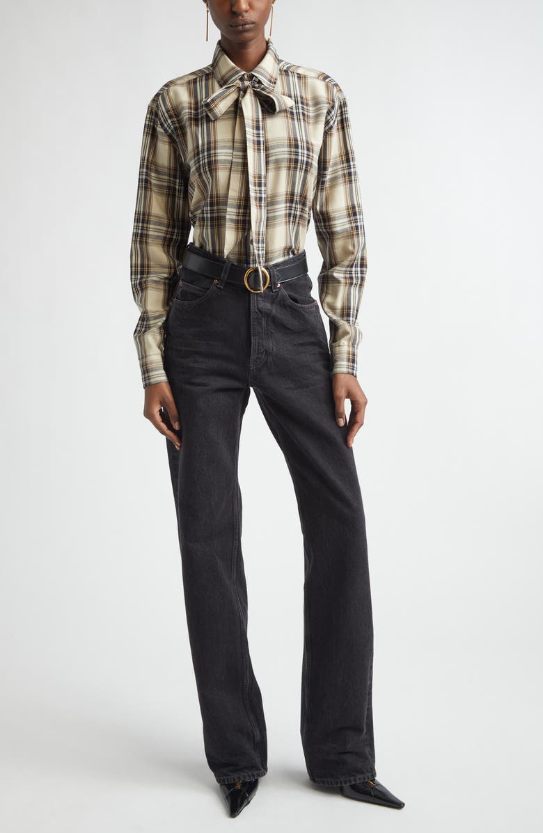 Saint Laurent Relaxed Plaid Tie Neck Button-Up Shirt, Alternate, color, Brighton Checks