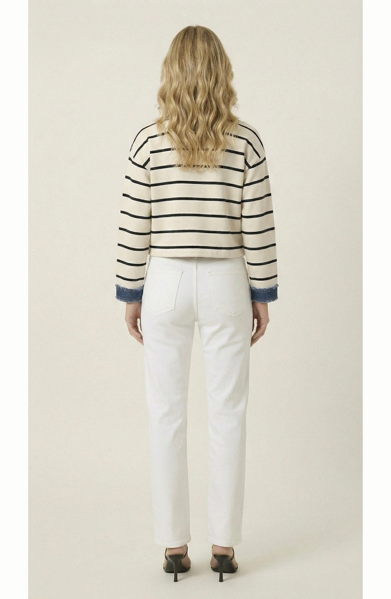 Modenaire Striped Knit Denim Trim Cardigan, Alternate, color, Cream / Navy Blue