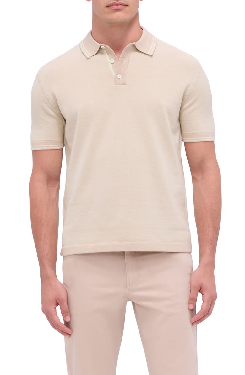 Bugatchi Tipped Short Sleeve Cotton & Silk Polo Sweater, Main, color, Desert