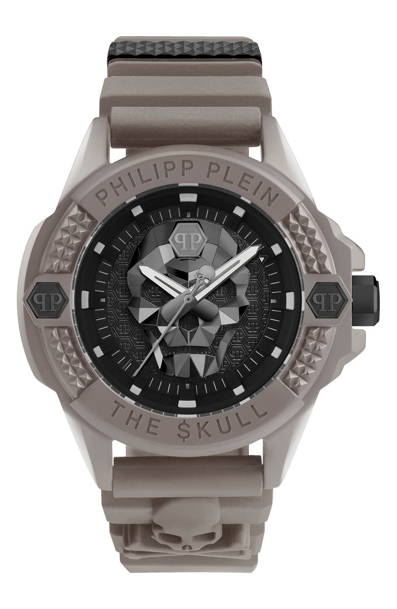 PHILIPP PLEIN The $kull Silicone Strap Watch, 44mm, Alternate, color, Taupe Grey Eco Ceramic