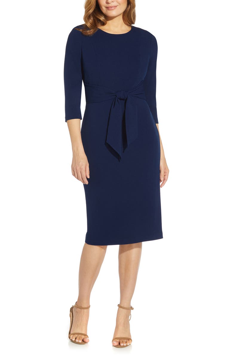 Adrianna Papell Tie Waist Crepe Sheath Dress, Main, color, Navy Sateen