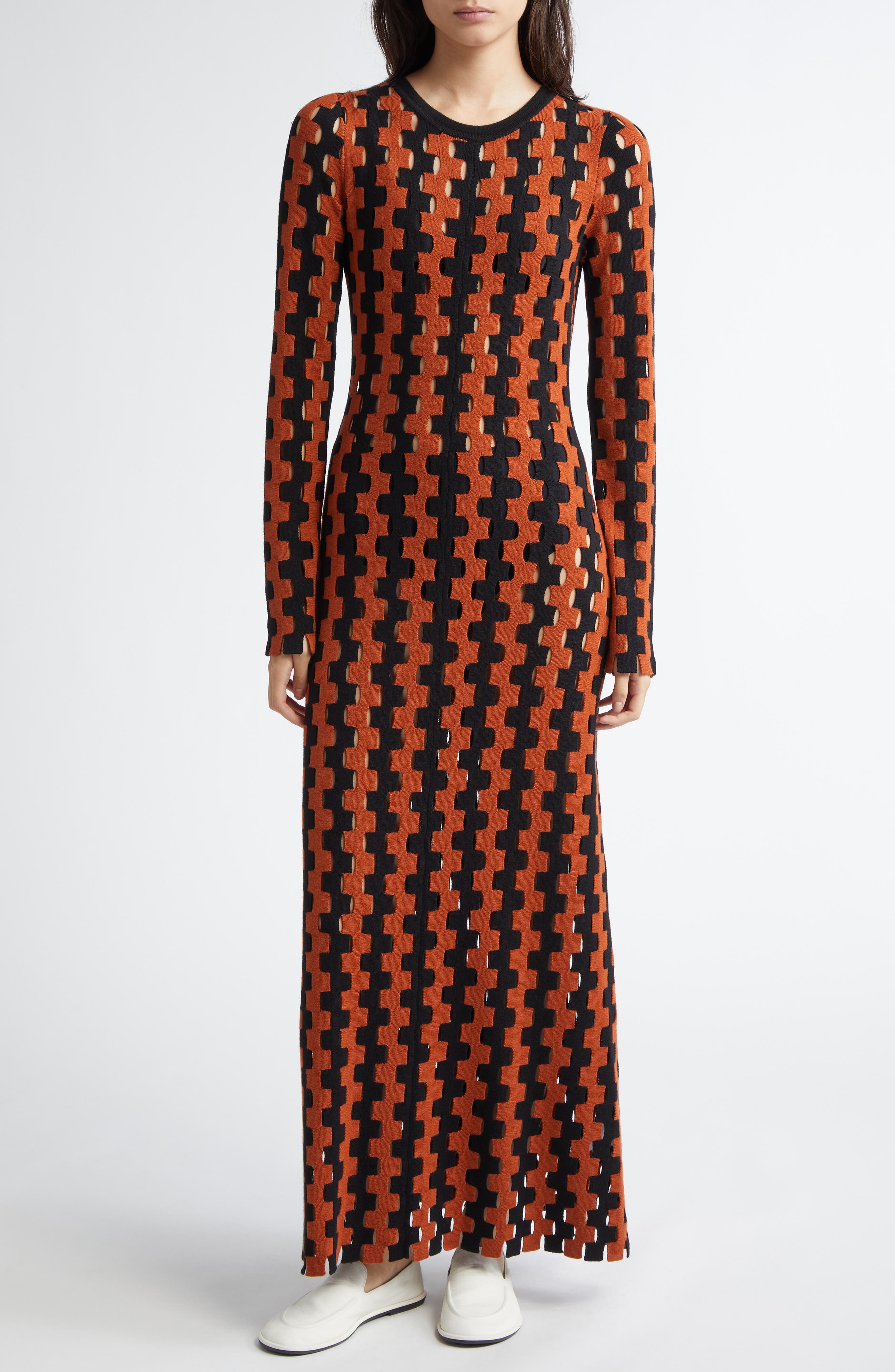 ZANKOV Natalie Open Work Long Sleeve Wool Maxi Sweater Dress in Tobacco/Black 