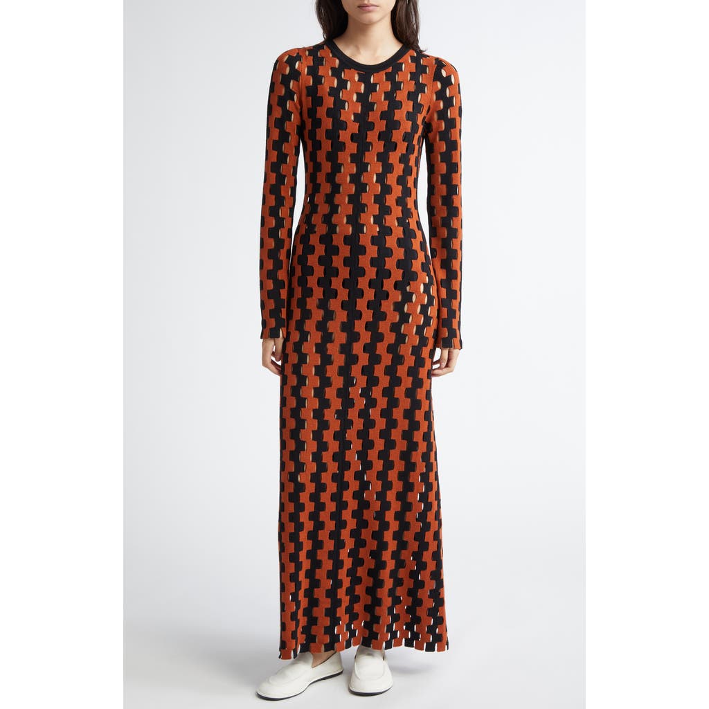 ZANKOV Natalie Open Work Long Sleeve Wool Maxi Sweater Dress in Tobacco/Black