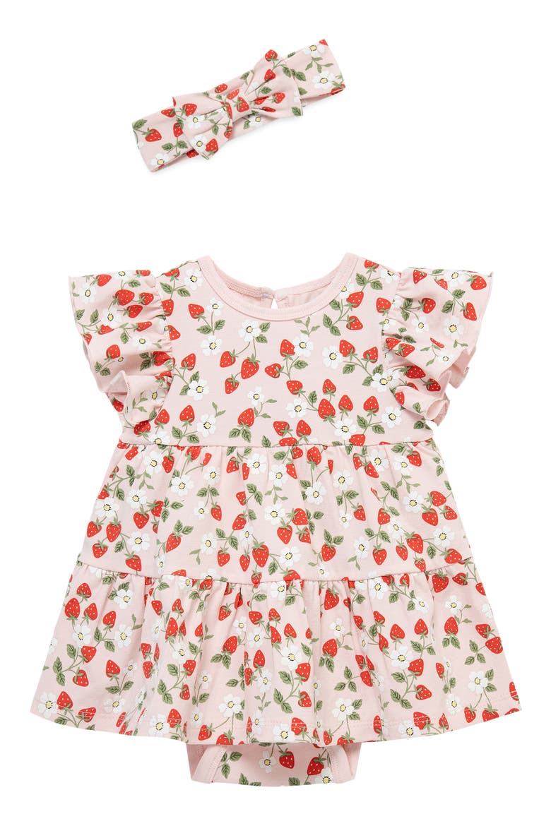 Strawberry Skirted Bodysuit & Headband Set, Main, color, PINK