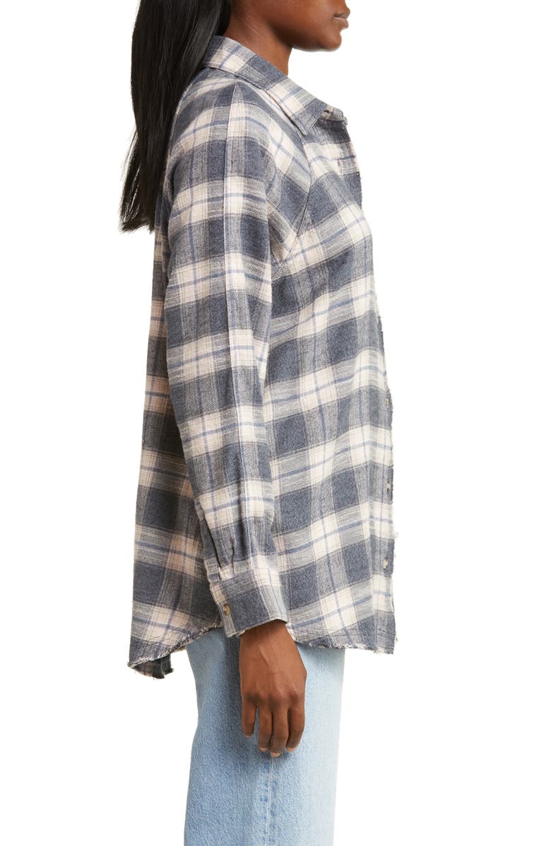 Lucky Brand Distressed Oversize Plaid Cotton Flannel Button-Up Shirt, Alternate, color, 
