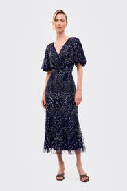 BEAUUT Embellished Sequins Flutter Sleeves Midi Dress