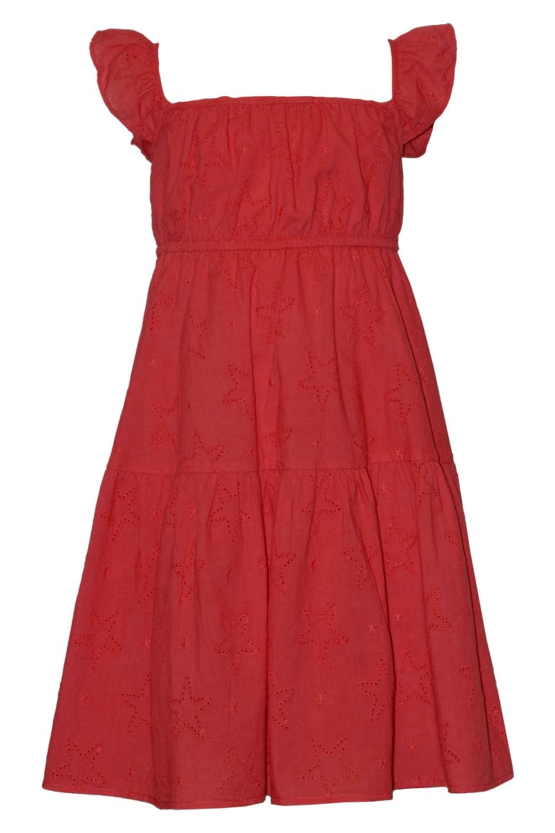 Kids' Star Eyelet Flutter Sleeve Tiered Dress, Main, color, RED