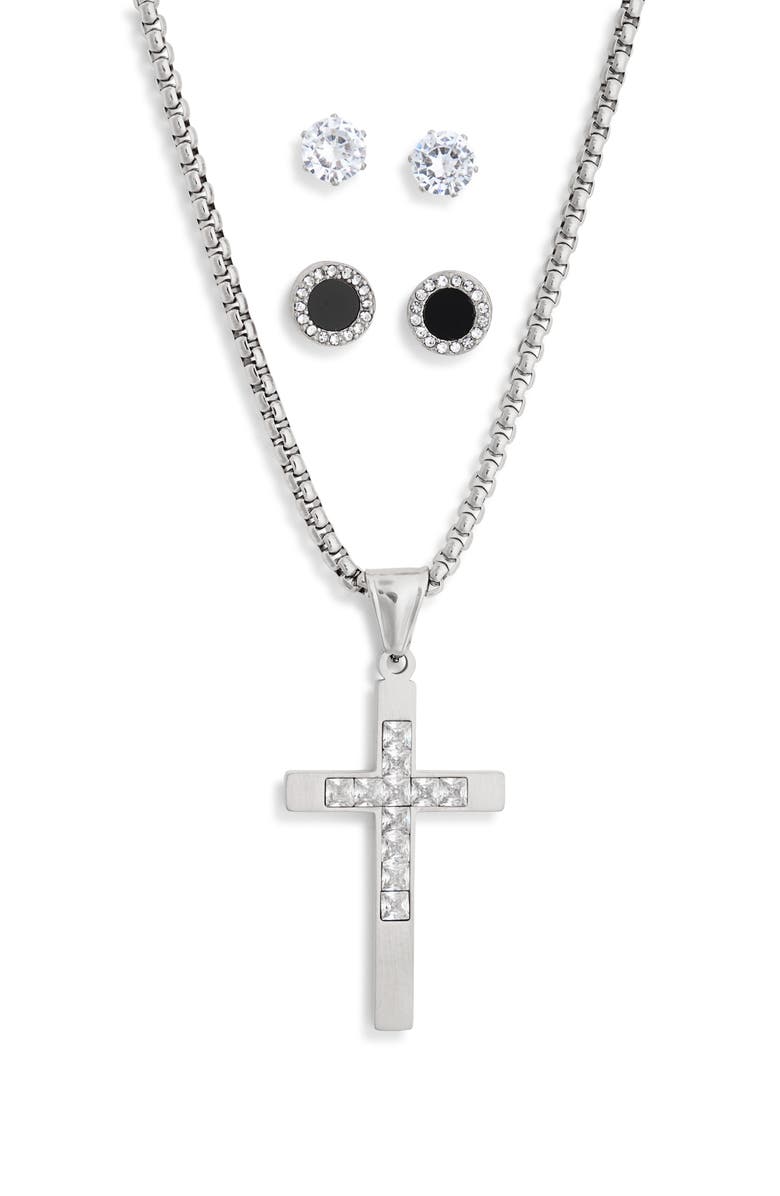 AMERICAN EXCHANGE Men's Crystal Cross Necklace & Stud Earrings Set, Main, color, 