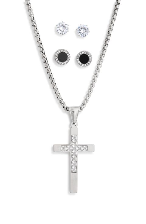 Men's Crystal Cross Necklace & Stud Earrings Set