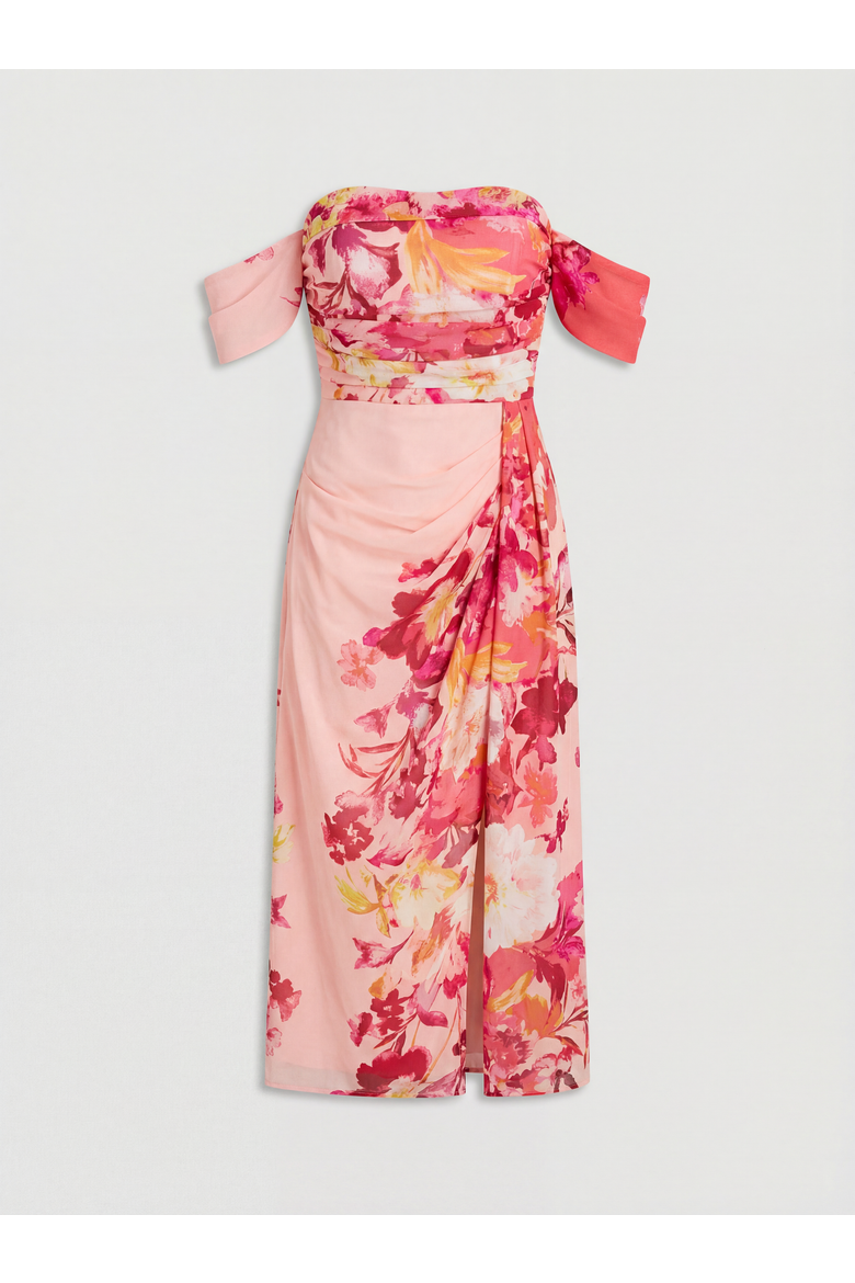 Floral Print Drape Chiffon Dress, Alternate, color, Coral