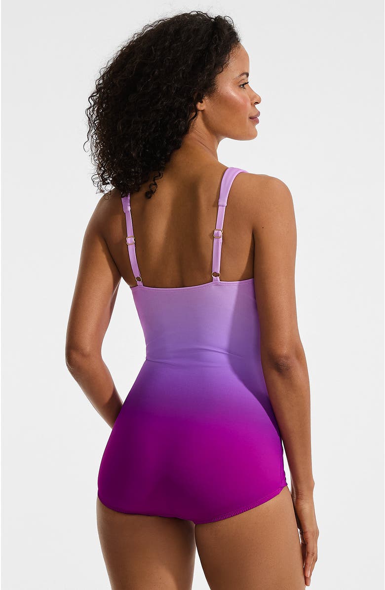 Lands' End DDD-Cup Slender V-Neck Tummy Control Chlorine Resistant Skirted One Piece Swimsuit, Alternate, color, Crimson Rose/Purple Ombre