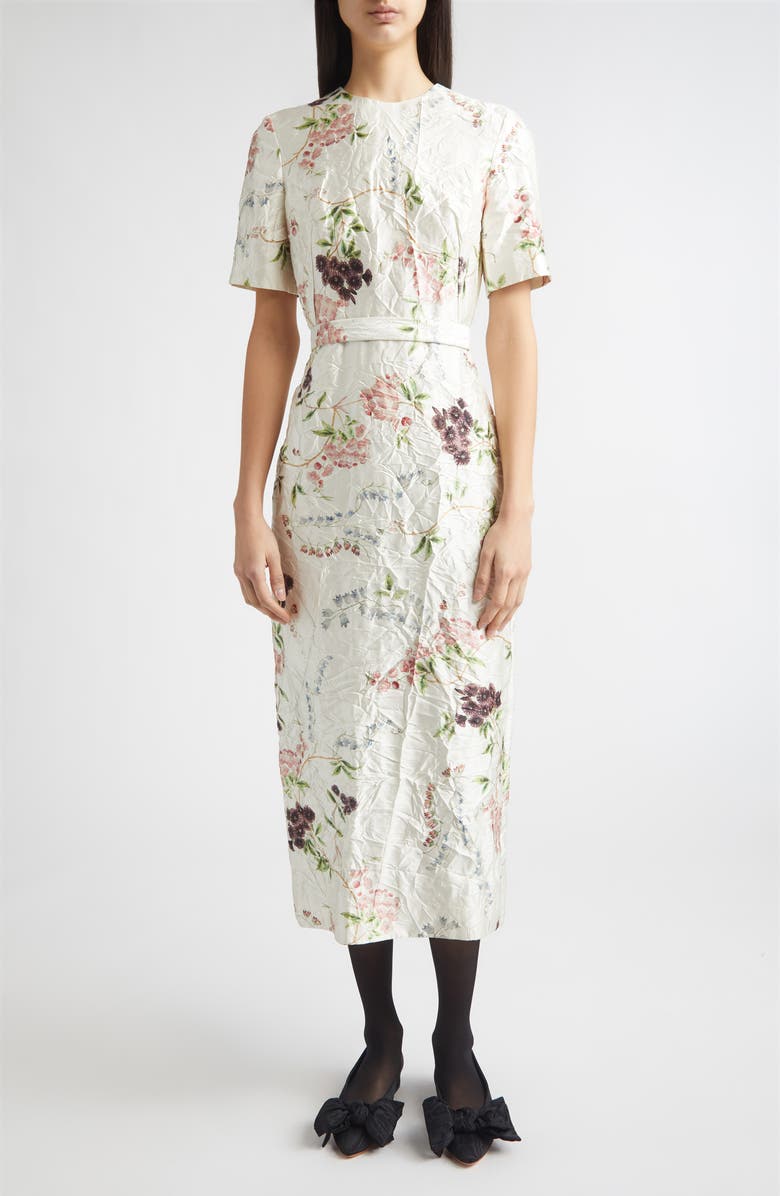 Erdem Floral Print Textured Satin Midi Pencil Dress, Main, color, French Chintz Multi White