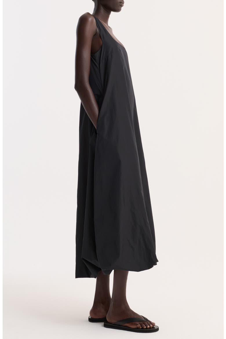 Balloon Hem Technical Taffeta Midi Dress, Alternate, color, BLACK