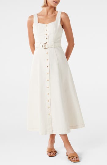 Ever New Maja Belted Denim Midi Dress In Porcelain