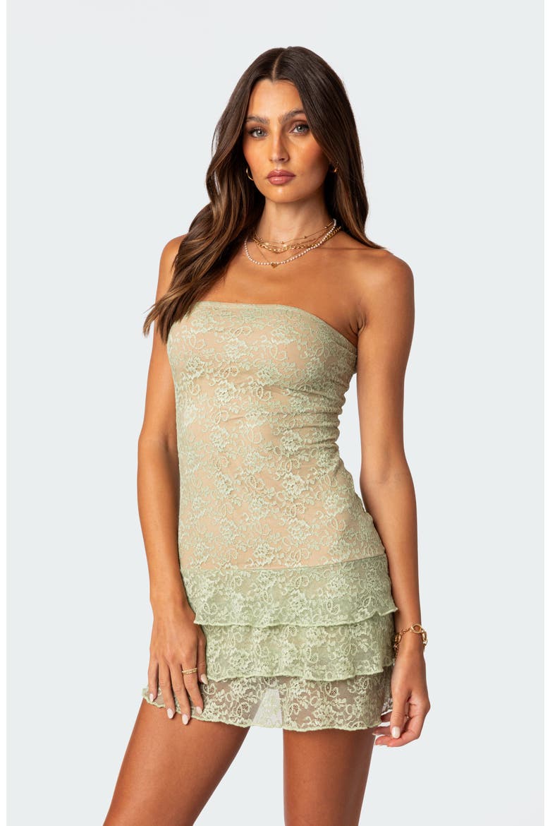 Scarlet Strapless Floral Lace Tiered Dress, Alternate, color, GREEN