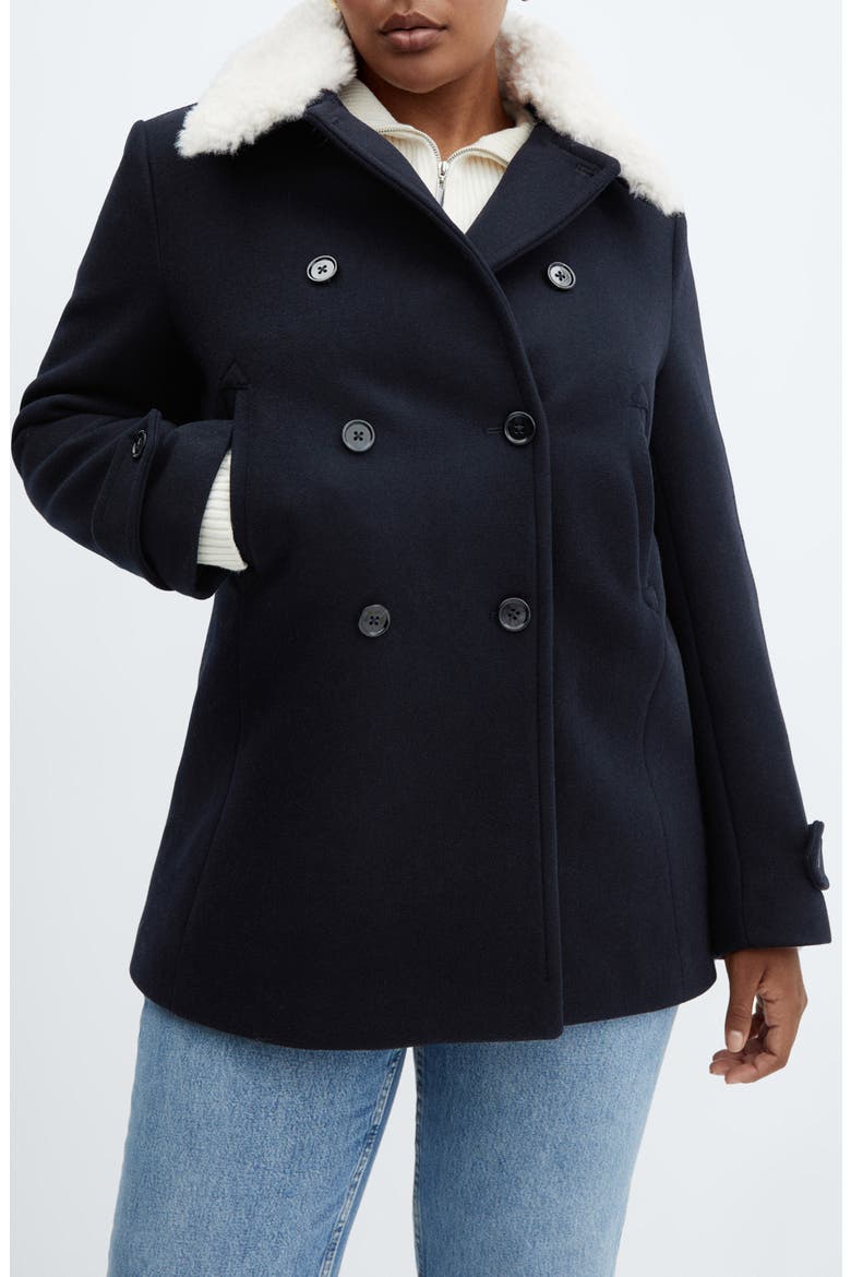 Faux Fur Collar Double Breasted Coat, Alternate, color, DARK NAVY