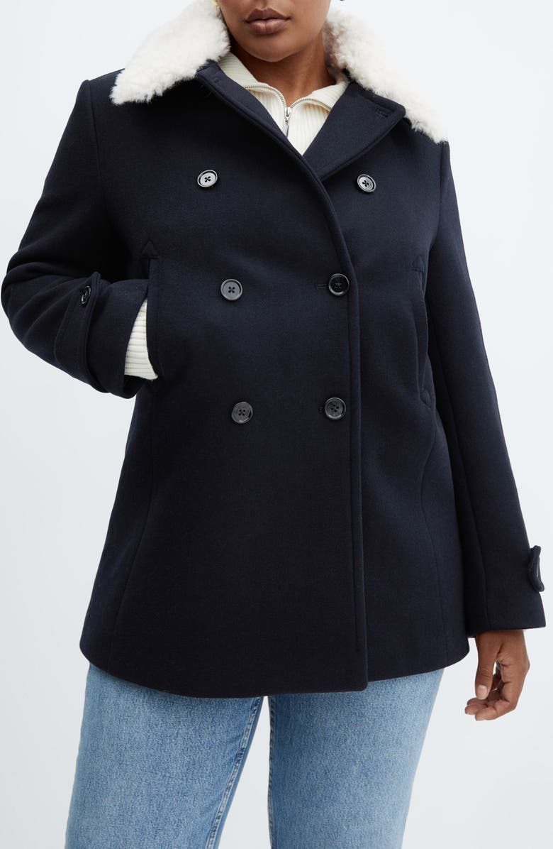 MANGO Faux Fur Collar Double Breasted Coat, Alternate, color, 