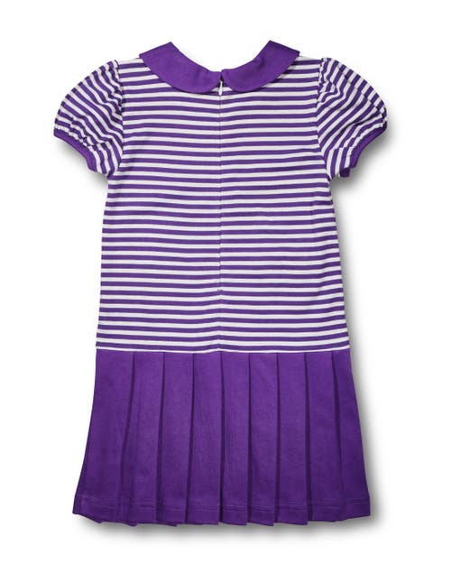 Florence Eiseman Stripe Knit Pleated Dress With Flowers In Purple
