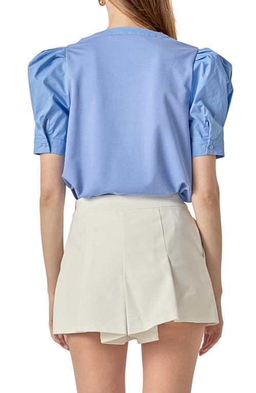 English Factory Puff Sleeve Mixed Media Top In Blue