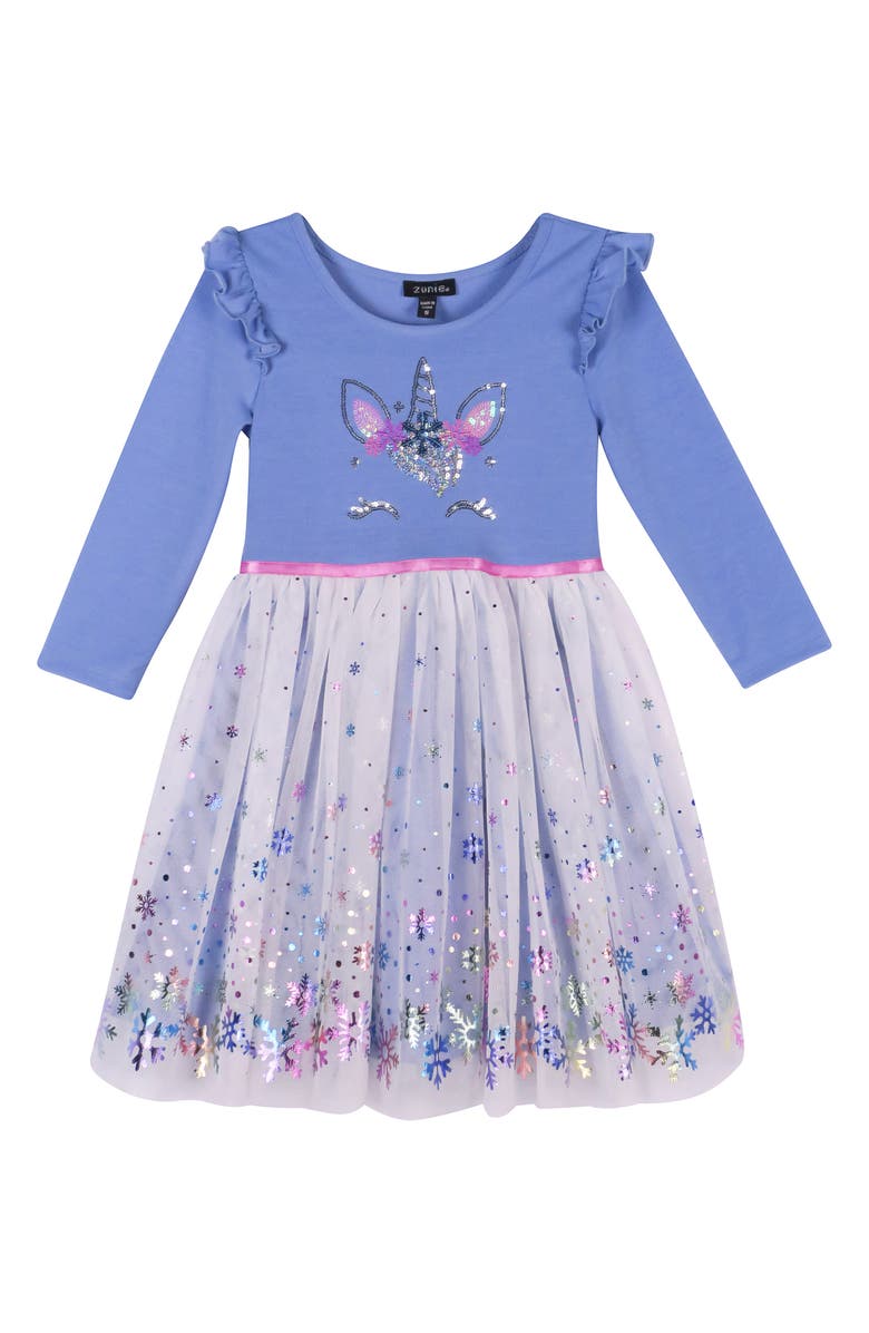 Zunie Kids' Unicorn Long Sleeve Ruffle Dress, Main, color,