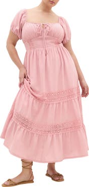 City Chic Haven Lace Trim Puff Sleeve Midi Dress