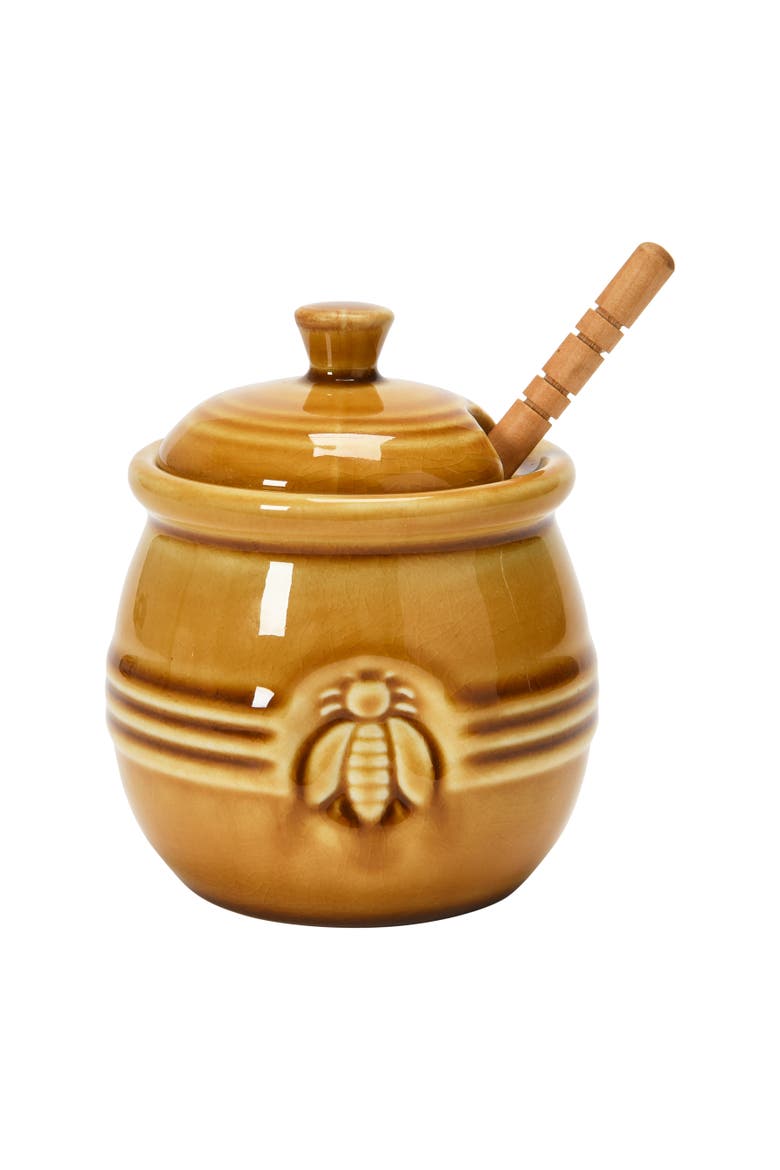 Farmhouse Embossed Honey Pot with Honey Dipper, Main, color, Brown
