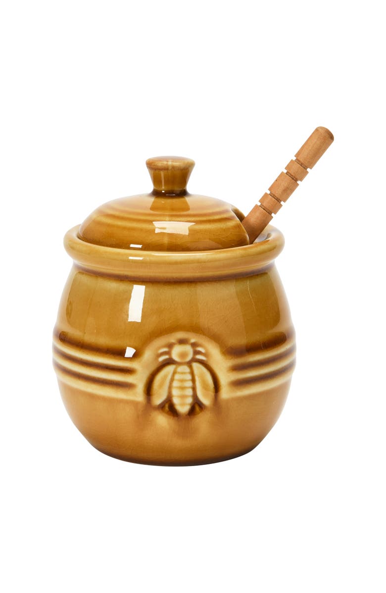 Storied Home Farmhouse Embossed Stoneware Honey Pot with Wood Honey Dipper, Amber Orange, Main, color, Brown