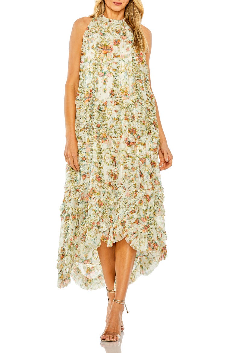 Sleeveless High Neck Lattice Ruffle Floral Dress, Main, color, Ivory Multi