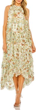 Mac Duggal Sleeveless High Neck Lattice Ruffle Floral Dress