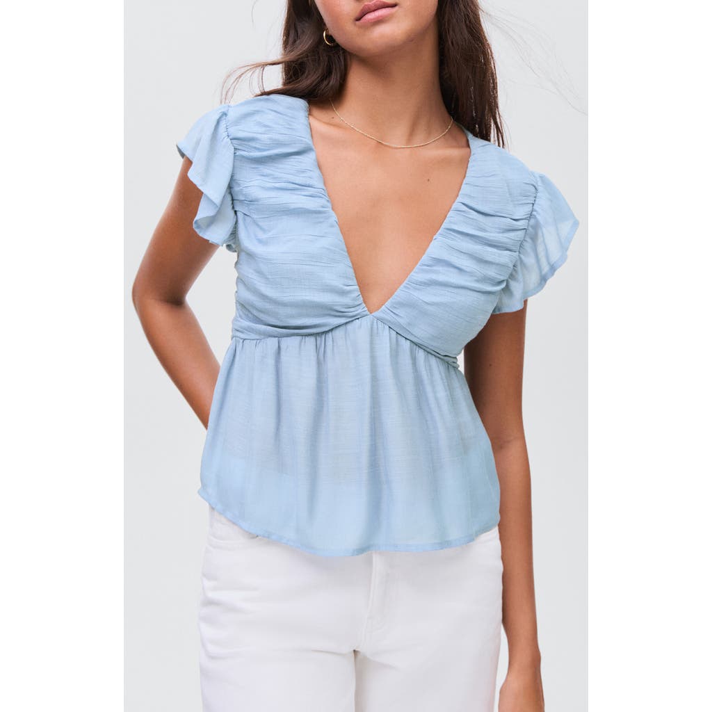 Mango Teen Ruched Ruffle Top In Blue